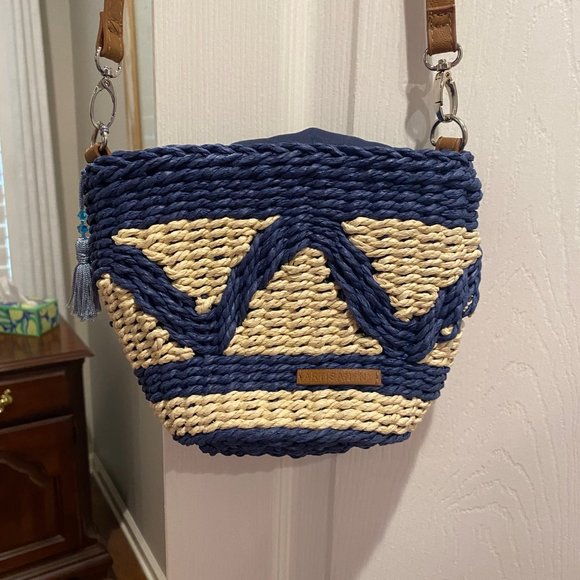 Cross Body Rattan Purse Navy and Natural - Picture 1 of 8